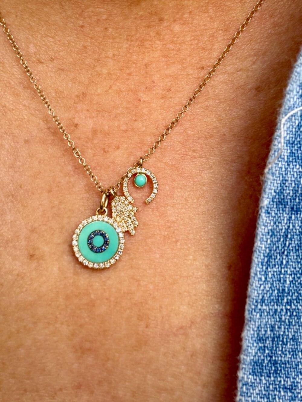 14K Yellow Gold Charms  Necklace -  Turquoise Sapphire Diamond